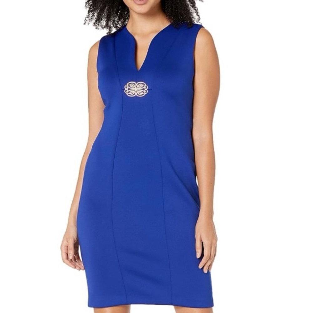 NWT Calvin Klein Royal Blue Scuba Gold Medallion Sleeveless Sheath Dress Size 4